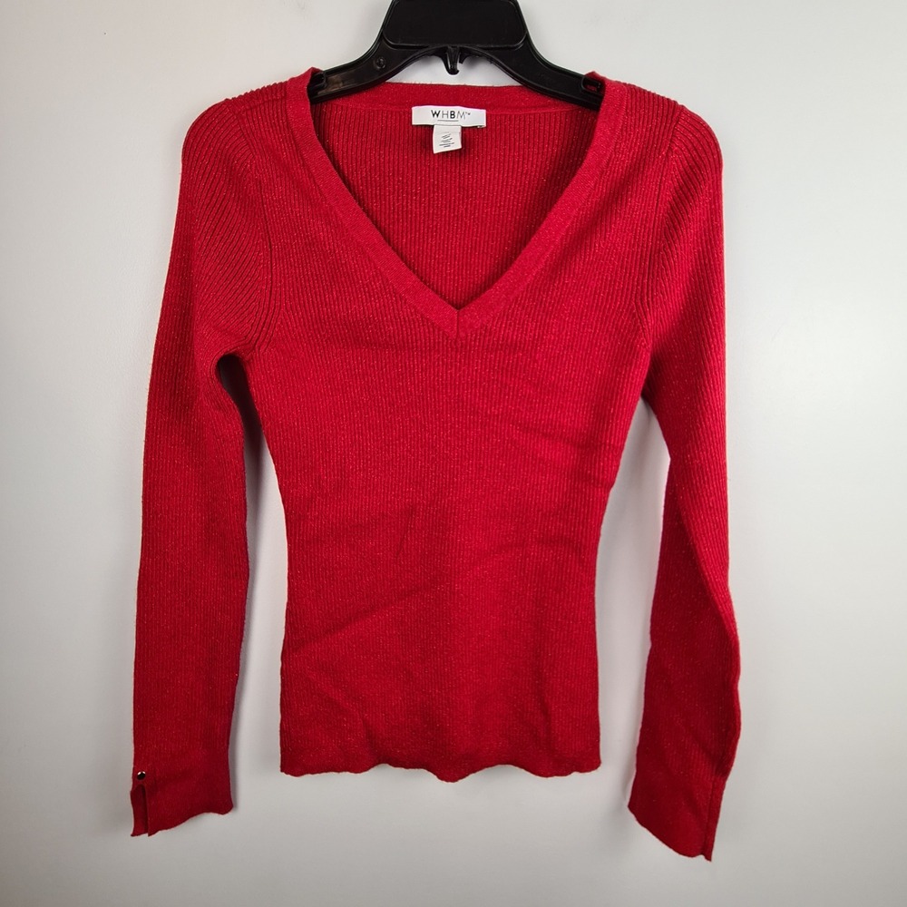 WHBM Red Metallic Ribbed V-Neck Long Sleeve Sweater Button Cuff Womens Medium